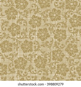 Seamless texture of canvas with flowers on light striped background