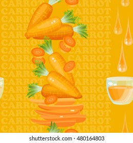 Seamless texture with carrot, glass, drop juice and slices on orange background. Vector illustration.  Floral texture with natural elements and words Carrot.