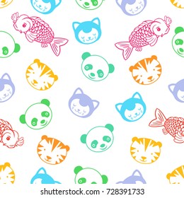 Seamless texture with cartoon animals. A carp, a panda, a tiger and a kitten. Vector composition in a pastel colors on white background.