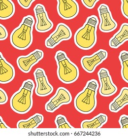 Seamless texture with cartoon bulbs on a red background. Vector pattern for fabrics, wallpaper and your design