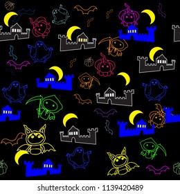 seamless texture with cartoon characters of the holiday Halloween. On a black background