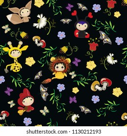 Seamless texture cartoon characters on black background