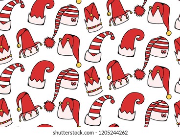 Seamless texture with cartoon elf and  Christmas hats. Vector festive background for wrapping paper, backgrounds, fabrics and your creativity