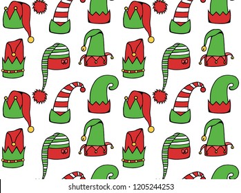 Seamless texture with cartoon elf hats. Vector festive background for wrapping paper, backgrounds, fabrics and your creativity