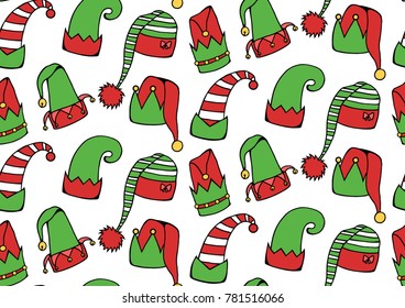 Seamless texture with cartoon elf hats. Vector background for wrapping paper, backgrounds, fabrics and your creativity