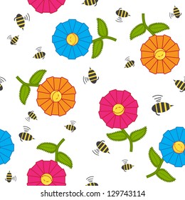 Seamless texture with cartoon flowers and bees. Raster version.