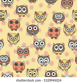 Seamless texture with cartoon funny owls in muted hues for baby decoration on the pattern background can be used as a separate texture