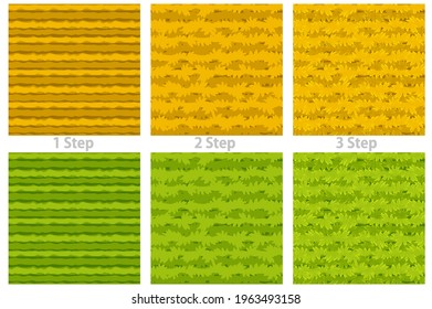 Seamless texture cartoon grass, 3 steps drawing dry and green grass for wallpaper.