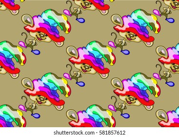  seamless texture , cartoon mouse in colorful hat on a   light brown background