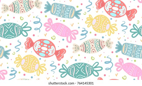 Seamless texture with cartoon multicolored festive candies of various shapes. Vector pattern for your creativity