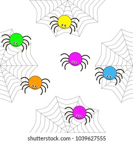 Seamless texture of cartoon multicolored spiders and webs. Vector seamless texture for children, fabric, wrapper and more.