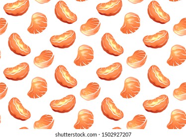 Seamless texture with cartoon orange slice of tangerines on white background. Vector food pattern for fabrics, backgrounds and your design.