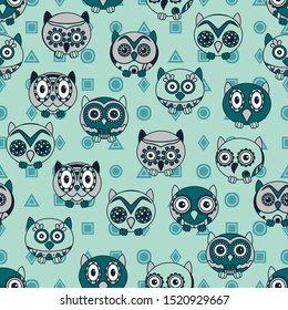 Seamless texture with cartoon owls for baby decoration in turquoise and blue hues, background can be used as a separate seamless pattern