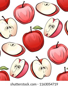 Seamless texture of cartoon red apples of different shapes on a white background. Children doodle pattern for wallpaper, fabrics, backgrounds and your creativity.