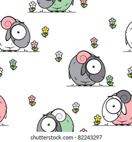 Seamless texture with cartoon sheep and flowers. Vector