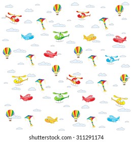 Seamless texture with cartoon transport. Helicopter, aircraft, balloon and kite in cloudy sky. Vector colorful background isolated on white