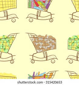 Seamless texture with carts from a supermarket with products