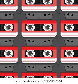 Seamless texture with cassettes. Retro cassette tape recorder. Vector illustration.