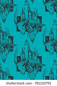 Seamless texture with castle on the cloud. Repeating background. Tile pattern. Drawn vector illustration. 