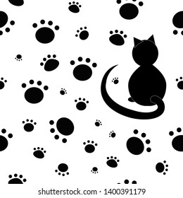 Seamless texture with cat and footprints for fabric and wallpaper. Silhouettes. Doodle style.