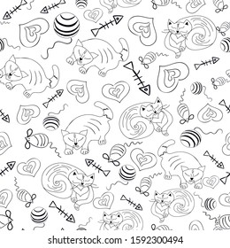 seamless texture cat mice hearts toys skein of thread hand-drawn cute black and white doodles on a white background vector illustration