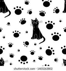 Seamless texture with cat and cat tracks  on a white background.