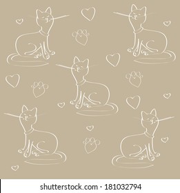Seamless Texture cats and hearts white-beige colors