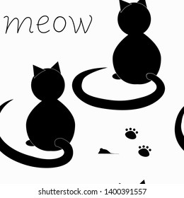 Seamless texture with cats and lettering  and footprints for fabric and wallpaper. Silhouettes. Doodle style.