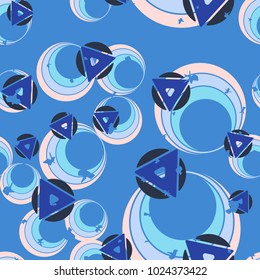 Seamless texture. Chaotically arranged triangles and circles. A cheerful pattern for children and women.