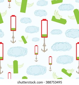 Seamless texture with the charged batteries in the sky with clouds