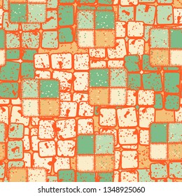 Seamless texture. Checkered patches sewn randomly on an abstract background.