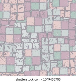 Seamless texture. Checkered patches sewn randomly on an abstract background.