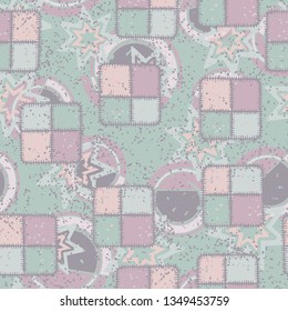 Seamless texture. Checkered patches sewn randomly on an abstract background.