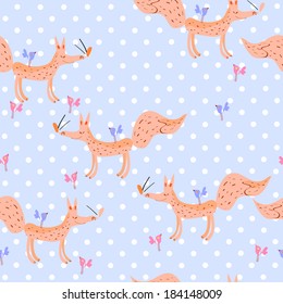Seamless texture cheerful fox and birds on a blue background in point