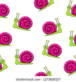 Seamless texture of a cheerful snail on a white background. Perfect for kids fabric, textile, nursery wallpaper. Vector illustration in cartoon style