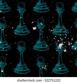 Seamless texture with chess. Pawns on a dark background. Repeated Pattern. It Can Be Used As Wallpaper, Upholstery, Wrapping, Fabric Or Your Design.