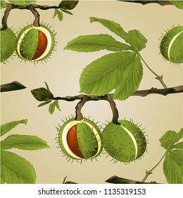 Seamless texture Chestnut tree conkers with leaves vintage fall background vector editable hand draw illustration