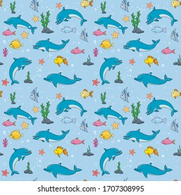 textura perfecta para los niños. Delfines, peces y estrellas de mar