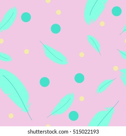 Seamless texture for children with feathers on a pink background. Vector 