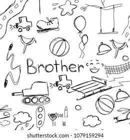 seamless texture of children's black and white vector drawings depicting elements characterizing brother, many elements drawn carelessly by hand