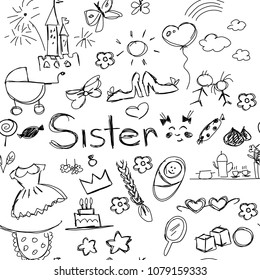 seamless texture of children's black and white vector drawings depicting elements characterizing the sister, many elements drawn carelessly by hand