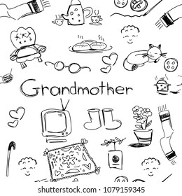 seamless texture of children's black and white vector drawings depicting elements characterizing grandmother, many elements drawn carelessly by hand