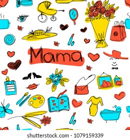 seamless texture of children's colored vector drawings depicting elements characterizing the mother, many elements drawn carelessly by hand