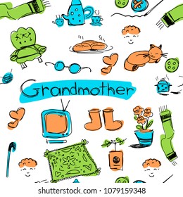 seamless texture of children's colored vector drawings depicting elements characterizing grandmother, many elements drawn carelessly by hand