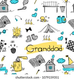 seamless texture of children's colored vector drawings depicting elements characterizing grandfather, many elements drawn carelessly by hand