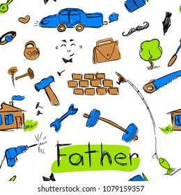 seamless texture of children's colored vector drawings depicting elements characterizing the father, many elements drawn carelessly by hand