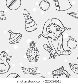 Seamless texture of children's toys for the girls in black contour