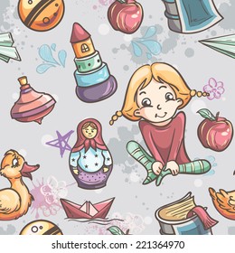 Seamless texture of children's toys for the girls