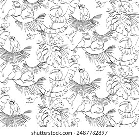 seamless texture for children's wallpaper tropical birds flowers palm trees and monkey, vector linear illustration