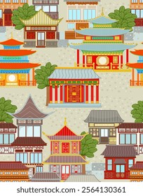 seamless texture with chinese or japanese buildings with traditional decorative walls, doors, roofs and trees. vertical background of cityscape with east ethnic houses and pagoda, religious temples